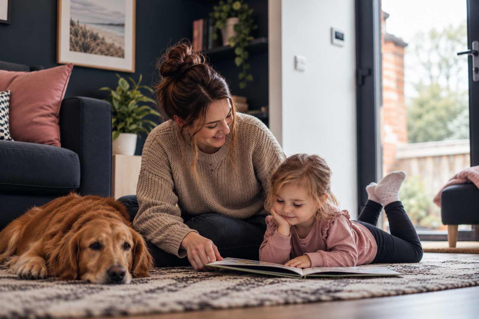 A mother reading a picture book with her young daughter on the living room floor, the family dog beside them