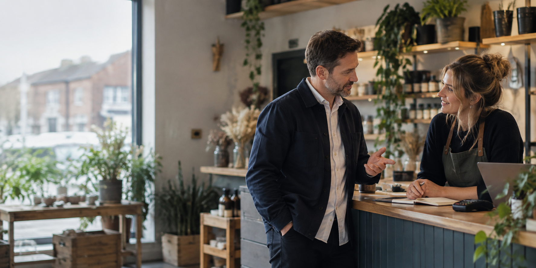 A business owner chatting with a client across the counter of her plant shop