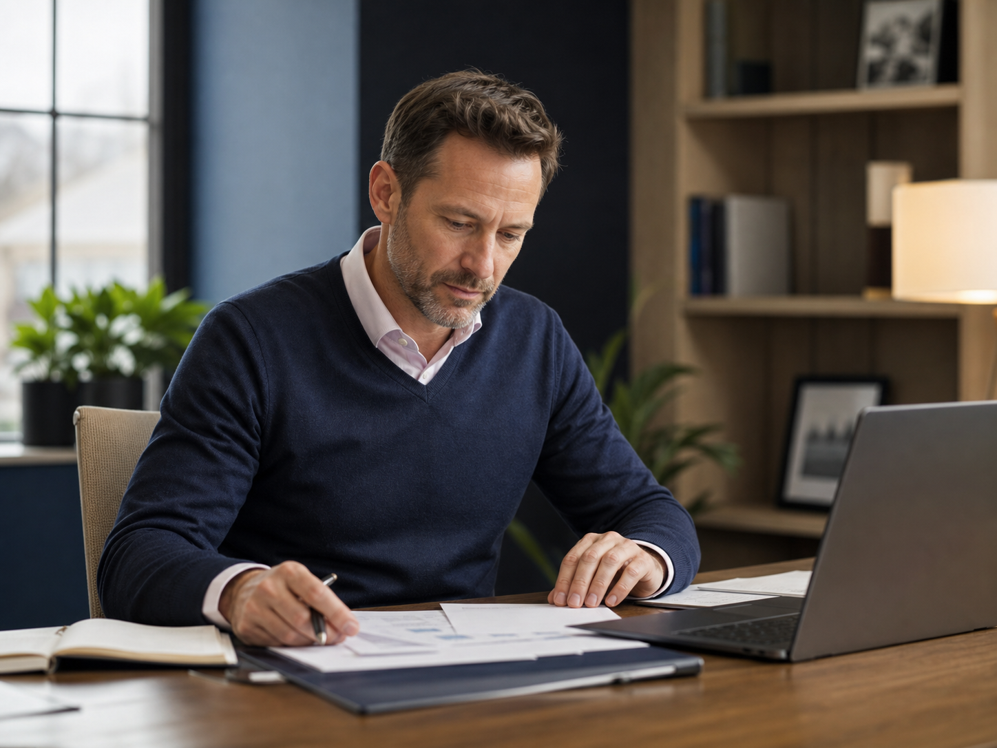 Financial adviser reviewing documents at his desk