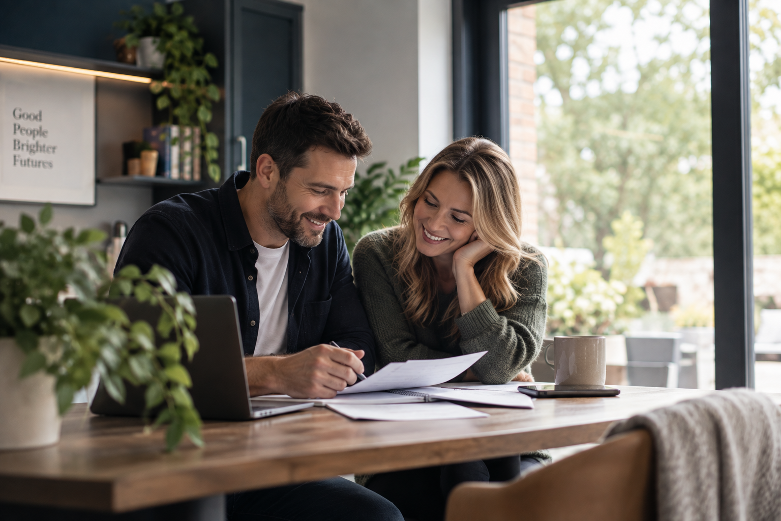 A couple smiling as they look through their financial plan together at the kitchen table